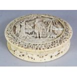 AN UNUSUAL FINE QUALITY 19TH CENTURY CHINESE CANTON IVORY INDIAN MARKET CIRCULAR IVORY BOX &