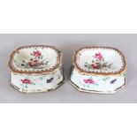 A PAIR OF CHINESE QIANLONG PERIOD FAMILLE ROSE PORCELAIN SALTS, of chamfered rectangular form,