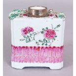 A CHINESE YONGZHENG PERIOD FAMILLE ROSE PORCELAIN TEA CADDY, fitted with a silver-metal neck, the