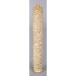 A 19TH CENTURY CHINESE CANTON IVORY BODKIN CASE, with screw-action top, the interior with a