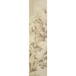 A CHINESE HANGING SCROLL PAINTING ON PAPER, depicting a mountainous landscape, the picture itself