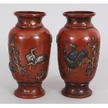 A PAIR OF GOOD QUALITY JAPANESE MEIJI PERIOD MIXED METAL VASES, each decorated with water fowl in