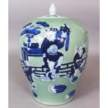 A 19TH/20TH CENTURY CHINESE BLUE & WHITE CELADON GROUND PORCELAIN JAR & COVER, painted with a