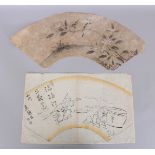 TWO JAPANESE MEIJI PERIOD WOODBLOCK FAN PRINTS, 21.25in & 15.3in wide. (2)