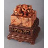 AN UNUSUAL CHINESE IMITATION STONE PORCELAIN SEAL, together with a fitted imitation wood porcelain