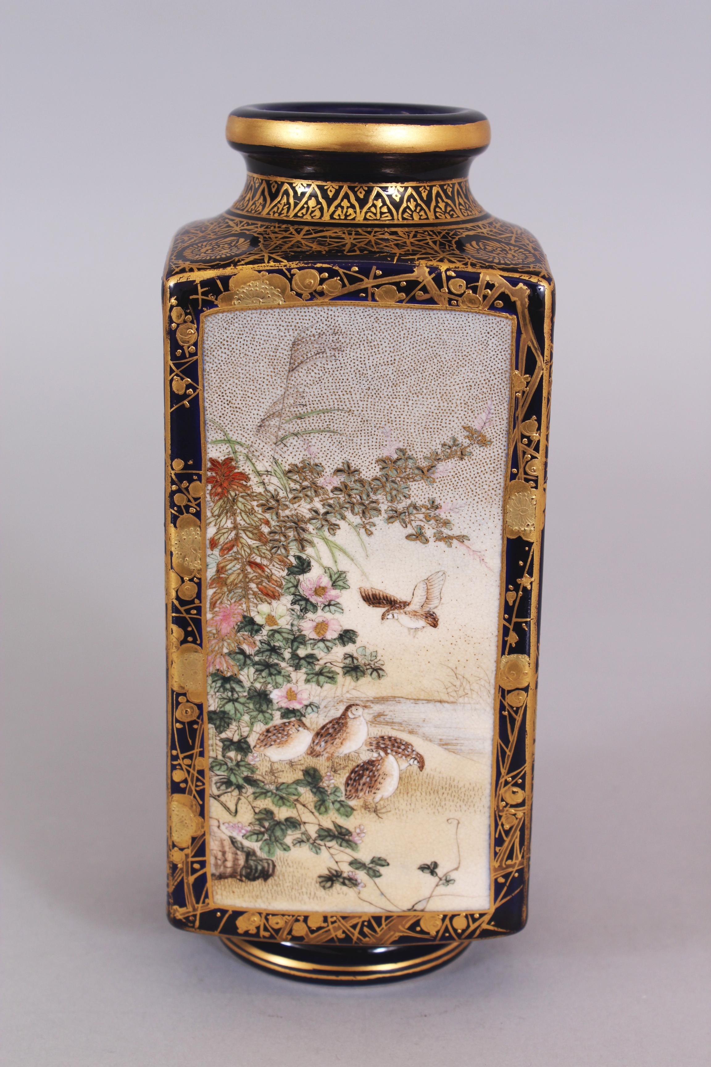 A GOOD QUALITY SIGNED JAPANESE MEIJI PERIOD SATSUMA SQUARE SECTION EARTHENWARE VASE, well painted - Image 2 of 10