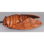 A SIGNED GOOD QUALITY JAPANESE ONE CASE BOXWOOD INRO, the inro carved in the form of a cicada, the