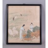 A SMALL GOOD QUALITY EARLY 20TH CENTURY CHINESE PAINTING ON SILK, depicting two figures conversing