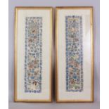 A MIRROR PAIR OF FRAMED CHINESE EMBROIDERED SILK SLEEVE PANELS, each decorated in satin and seed