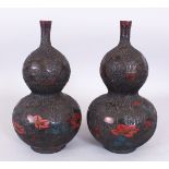 A PAIR OF JAPANESE MEIJI PERIOD TOTAI CLOISONNE ON PORCELAIN DOUBLE GOURD VASES, each decorated with