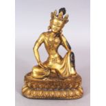 A SINO TIBETAN GILT BRONZE FIGURE OF A BODHISATTVA, seated in a meditative posture upon a double