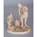 A JAPANESE MEIJI PERIOD SECTIONAL IVORY OKIMONO OF A FISHERMAN & HIS SON, observing a pair of