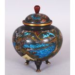 A FINE QUALITY JAPANESE MEIJI PERIOD NAMIKAWA STYLE CLOISONNE TRIPOD KORO & COVER, well decorated in