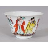 A 19TH/20TH CENTURY FAMILLE ROSE PORCELAIN TEABOWL, the sides painted with the Eight Immortals, a