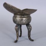 AN UNUSUAL 18TH/19TH CENTURY CHINESE OR TIBETAN SILVERED METAL PAKTONG JUE TRIPOD CENSER, the
