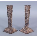 A PAIR OF GOOD QUALITY LATE 19TH CENTURY CHINESE SILVER SQUARE-SECTION SPILL VASES BY TU MAO XING,