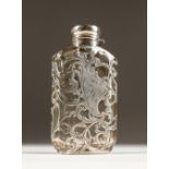 A GOOD STERLING SILVER OVERLAY GLASS SPIRIT FLASK. 13cms.