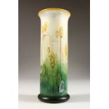 A VERY GOOD ART NOUVEAU GLASS VASE, painted with flowers like peacock feathers. 9ins high.
