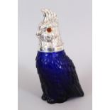 A BLUE GLASS PARROT CLARET JUG with plated head.