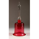 A GOOD VICTORIAN NAILSEA CRANBERRY GLASS BELL. 12ins high.