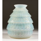 A LALIQUE VASE "FERRIERES" TINTED BLUE. Etched R. LALIQUE, FRANCE. No. 1019. 17cms high. Illus. page