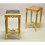 A PAIR OF GILDED SQUARE TOP TABLES, with inset marble tops, on fluted legs. 1ft 4ins square x 2ft