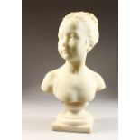 A GOOD 19TH CENTURY ITALIAN CARVED WHITE MARBLE BUST OF A YOUNG GIRL, on a plinth. 17ins high.