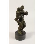 A 1930'S - 1940'S BRONZE GROUP. A strong man holding a nude young lady on a circular marble base.