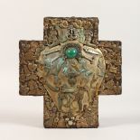 AN UNUSUAL VELVET CROSS, mounted with numerous metal symbols, hammers, legs, saw, corn, figures,