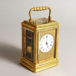 A GOOD SMALL 19TH CENTURY FRENCH BRASS CARRIAGE CLOCK, with repeat action and strike. 4.5ins high.