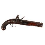 A GOOD 18TH CENTURY FLINTLOCK PISTOL by WHEELER, with octagonal barrel and mahogany stock. 14.5ins