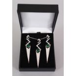 A SILVER ART DECO DESIGN EARRINGS AND PENDANT.