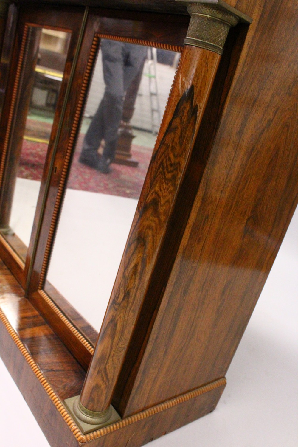 A REGENCY ROSEWOOD CHIFFONIER, brass galleried mirror back, upper shelf, single frieze drawer over a - Image 4 of 8