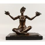 A VENTURI ARTS BRONZE OF A YOUNG LADY sitting cross legged and holding two baskets of fruit.