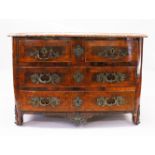 AN 18TH CENTURY FRENCH KINGWOOD COMMODE, slightly bowed form, with a rouge marble top, two short and