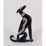 AN ART DECO DESIGN SILVER, ENAMEL AND MARCASITE GREYHOUND BROOCH.