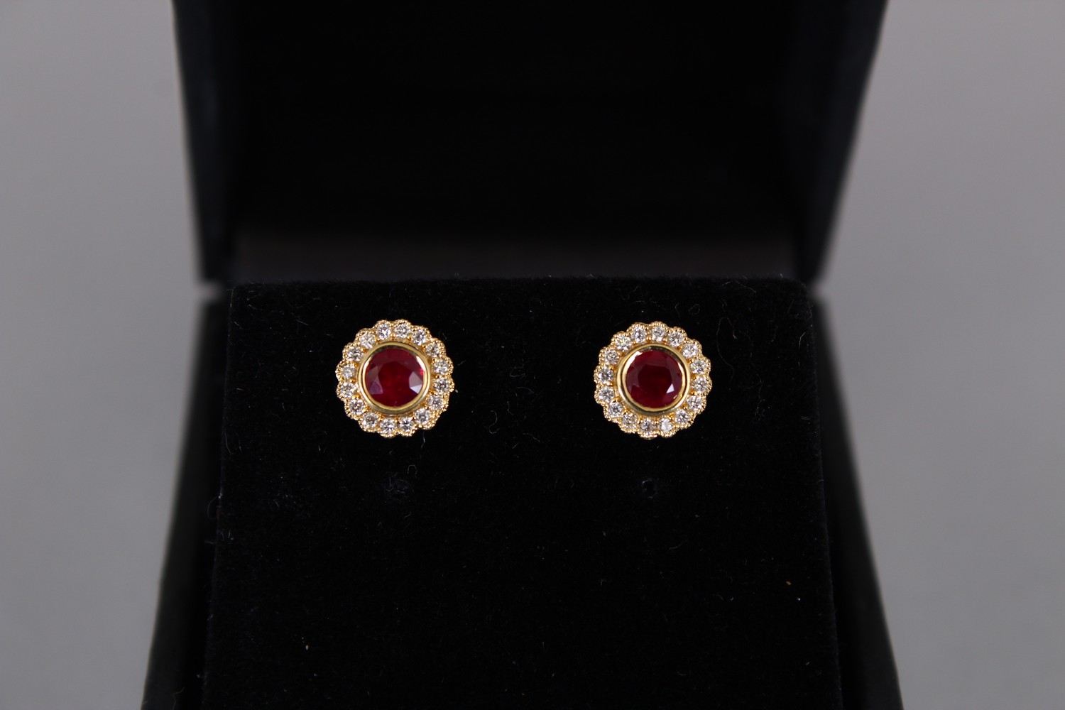 A PAIR OF 18CT YELLOW GOLD RUBY AND DIAMOND EARRINGS. - Image 2 of 2