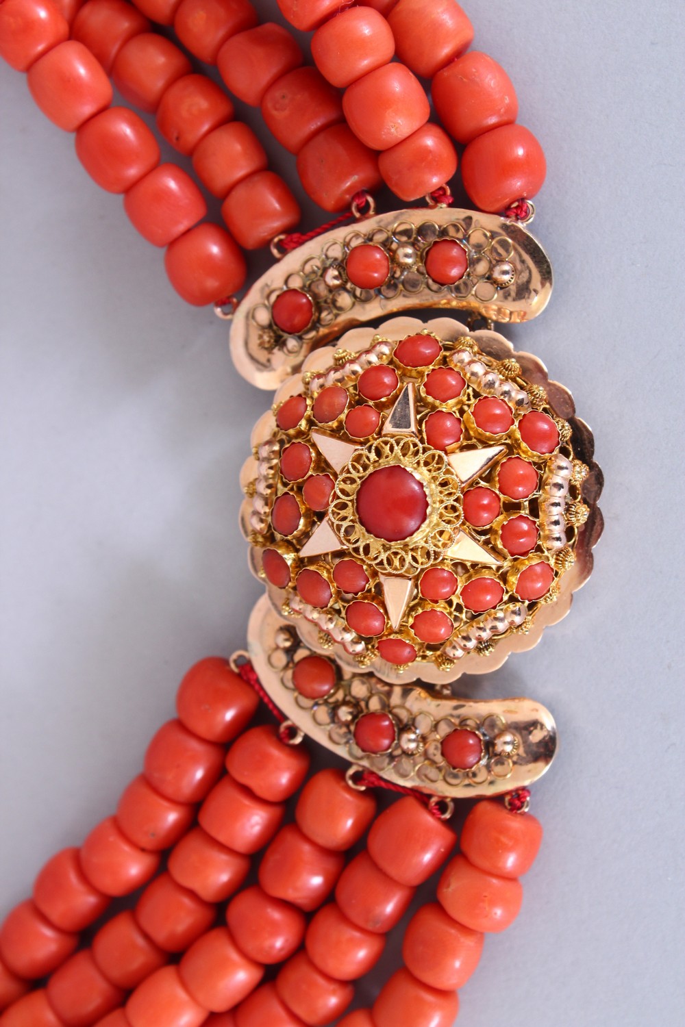 A GOOD FIVE ROW CORAL NECKLACE with 18ct gold clasp. - Image 2 of 3