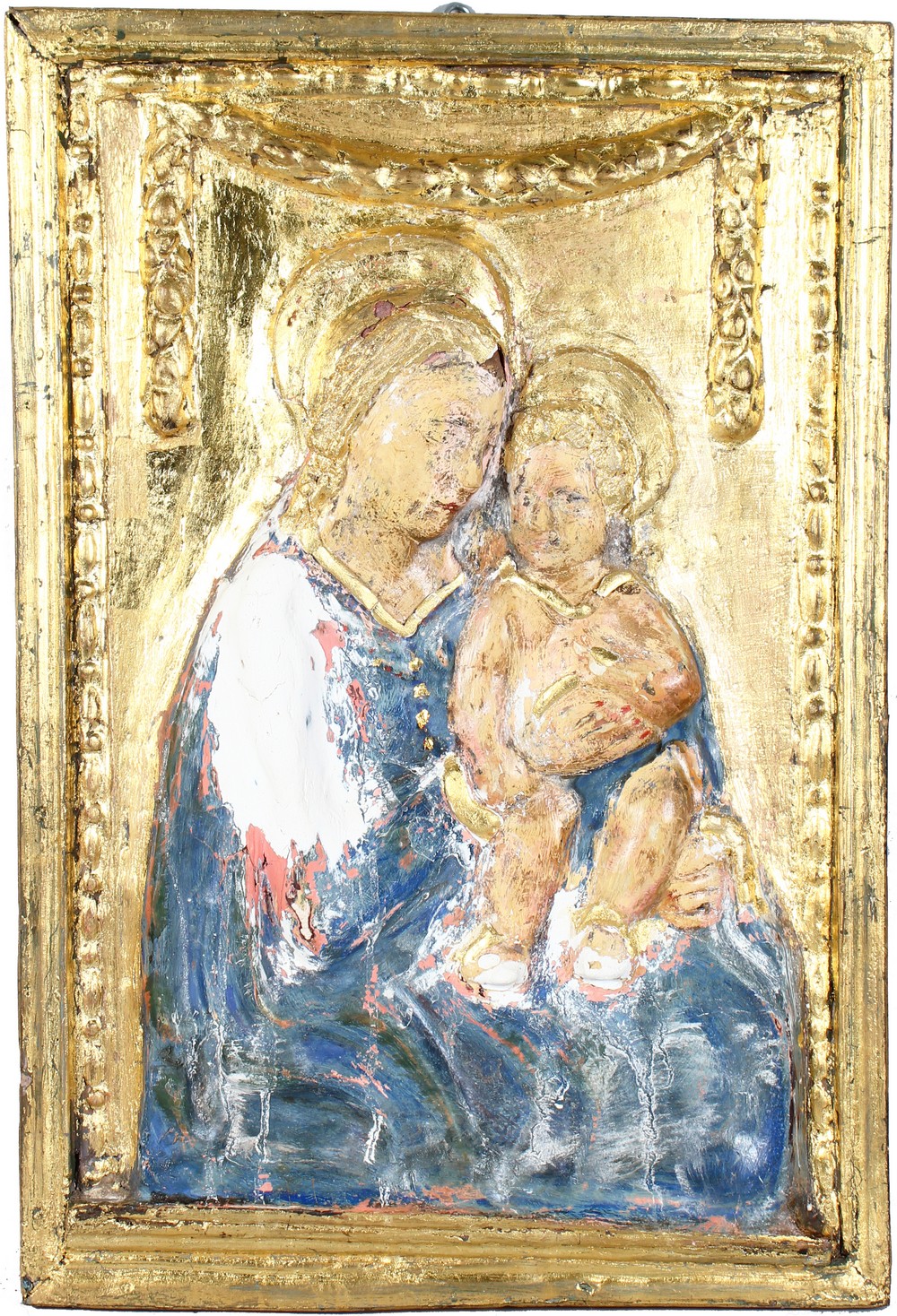 A 17TH-18TH CENTURY ITALIAN CARVED WOOD, GILDED AND PAINTED MADONNA AND CHILD. 2ft x 1ft 4ins.