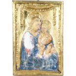 A 17TH-18TH CENTURY ITALIAN CARVED WOOD, GILDED AND PAINTED MADONNA AND CHILD. 2ft x 1ft 4ins.