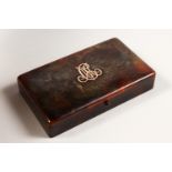 A TORTOISESHELL RECTANGULAR BOX AND COVER, with gold letters. 11cms x 6.5cms.