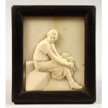 A 1920'S-1930'S CARVED IVORY PLAQUE, of a lady sitting on steps. 8.5cms x 7cms.