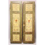 A PAIR OF DECORATIVELY PAINTED PINE PANEL DOORS. 7ft 3ins high x 2ft 0ins wide.