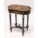 A 19TH CENTURY FRENCH EBONISED, ORMOLU AND MARQUETRY WORK TABLE, the rising top profusely inlaid