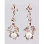 A 9CT GOLD SILVER PEARL DROP EARRINGS.