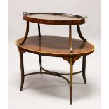 AN EDWARDIAN SHERATON REVIVAL ROSEWOOD AND MARQUETRY TWO TIER OVAL ETAGERE, with detachable twin