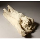 A VERY GOOD WHITE MARBLE FIGURE of a reclining nude boy. 17.5ins long (Believed to be American).