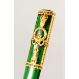 A VERY GOOD FABERGE STYLE GREEN GLASS AND SILVER GILT LETTER OPENER. 22cms long.