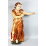 A LARGE 18TH CENTURY ITALIAN CARVED WOOD, PAINTED AND GILDED STANDING FIGURE. 40ins high.