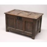AN 18TH CENTURY OAK DOWER CHEST, three panels to the top and front. 3ft 4ins long x 1ft 11ins deep x
